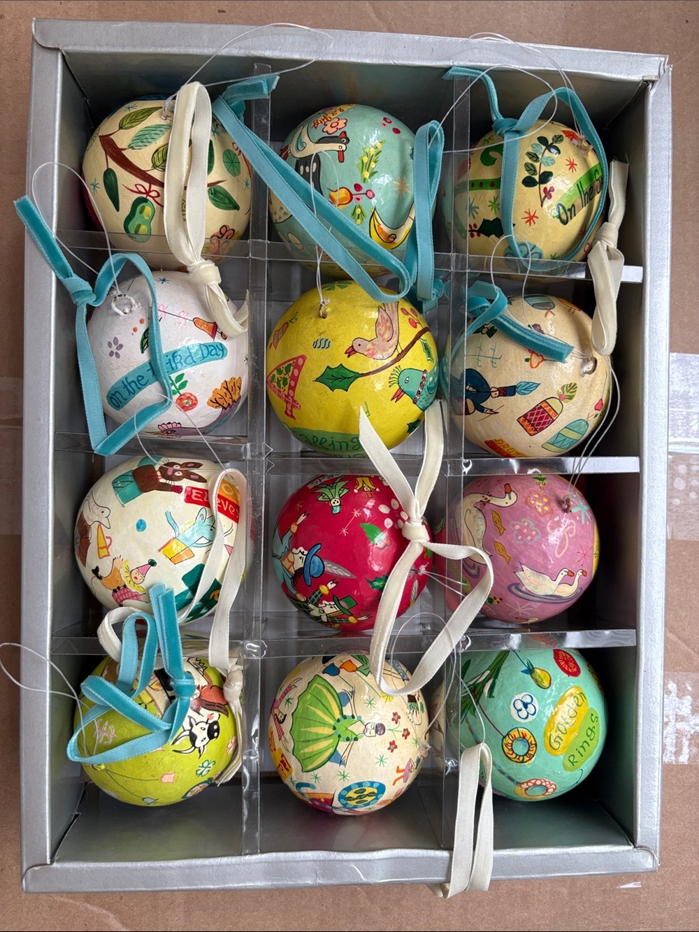 Vintage’s Decorative Multicolor Illustrated Holiday Ball Ornaments - Set of 12